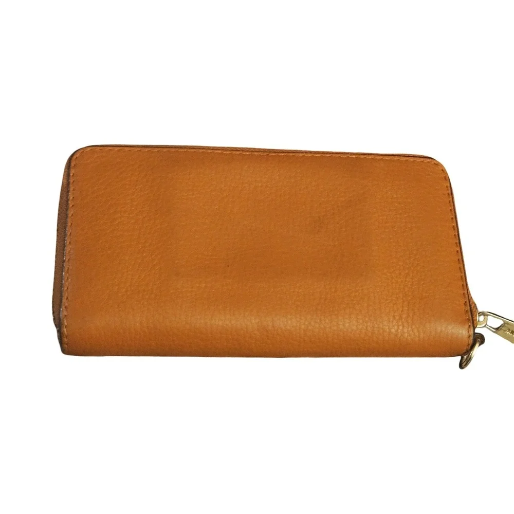 Michael Kors Zip Around Pebbled Leather Wallet Tan Acorn Gold Tone Logo